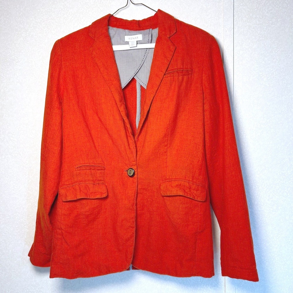 Kenar Womens Red Linen Cotton Blend Single Button Blazer Jacket Size S
